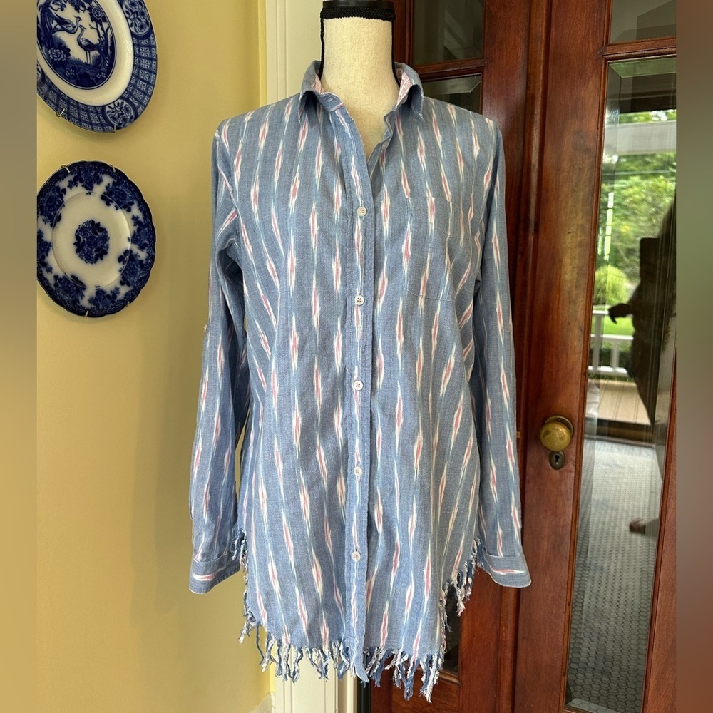 Tizzie | 100% Cotton Western Print Tunic Button Down Shirt w/Fringe Hem, Size L